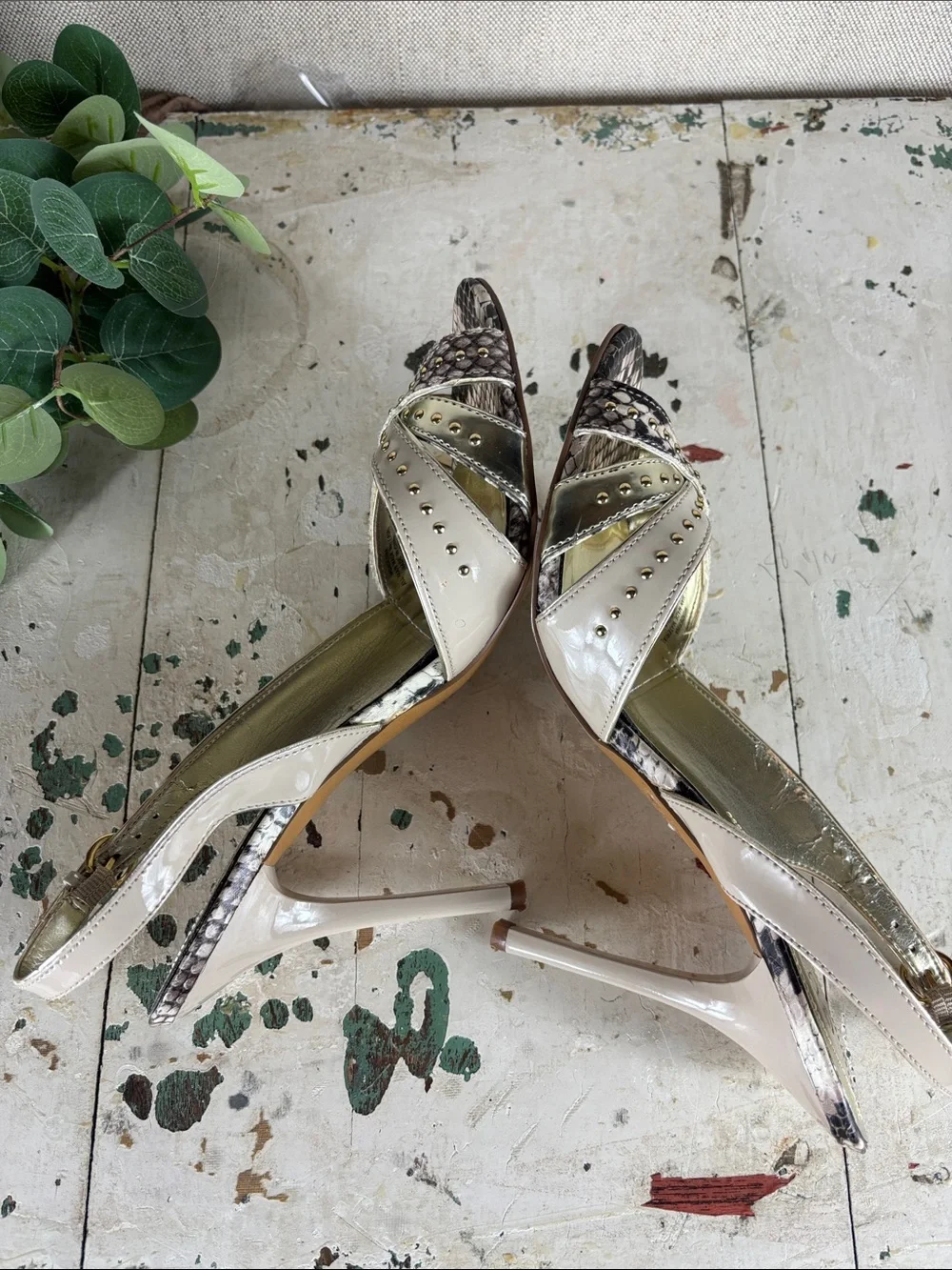GUESS > Metallic Gold Slingback Heels with Snakeskin Accent 8
